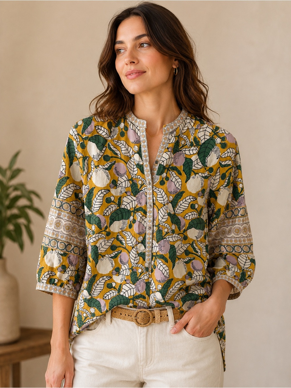 ANOKHI Kadamba Mustard/Green Cotton Top Size XS